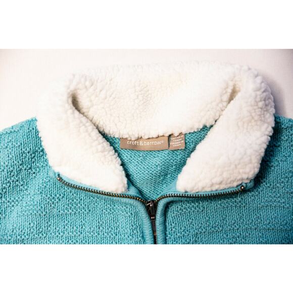 Croft Barrow Sweater Jacket M Teal Sherpa Collar Textured Granny Cottagecore Y2K - Picture 6 of 12